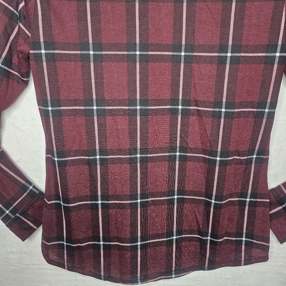Womens Large Long Sleeve Pockets Button Front Plaid Burgundy Black - Picture 7 of 16
